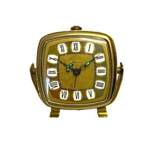 Vintage Blessing German Gilt Alarm Clock Mid Century Travel Clock Gold Working